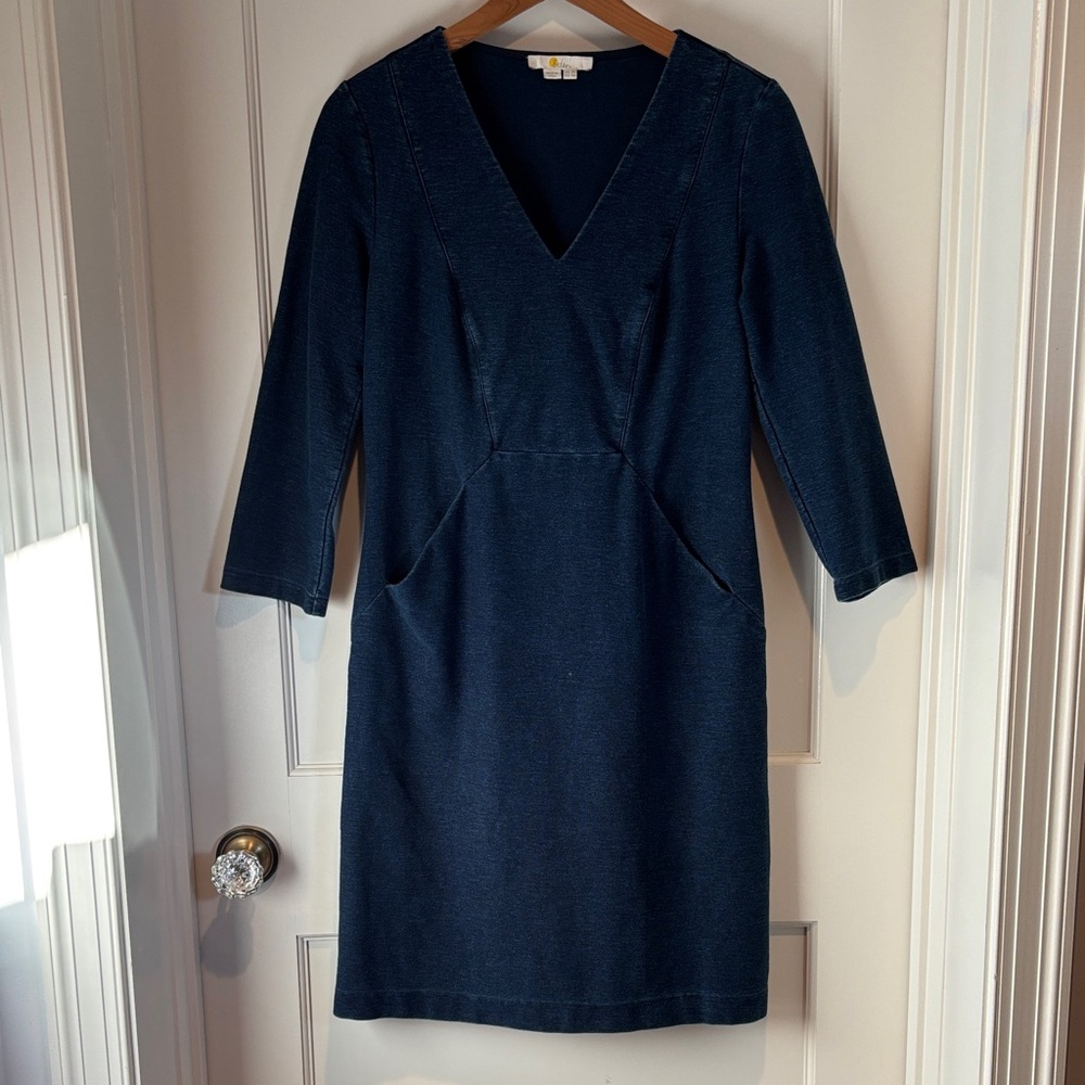 Boden Brontë Ottoman soft & stretchy pullover denim V neck dress with pockets